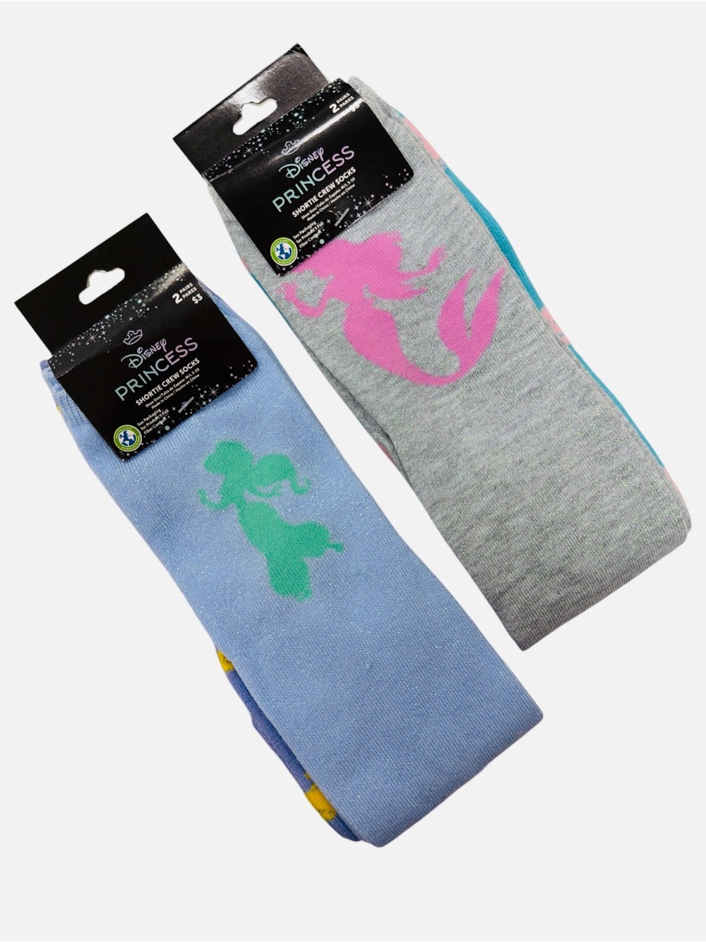 Disney Princess Crew Socks 2-Pair Pack Ariel & Jazmin Multicolor Girls Size M/L